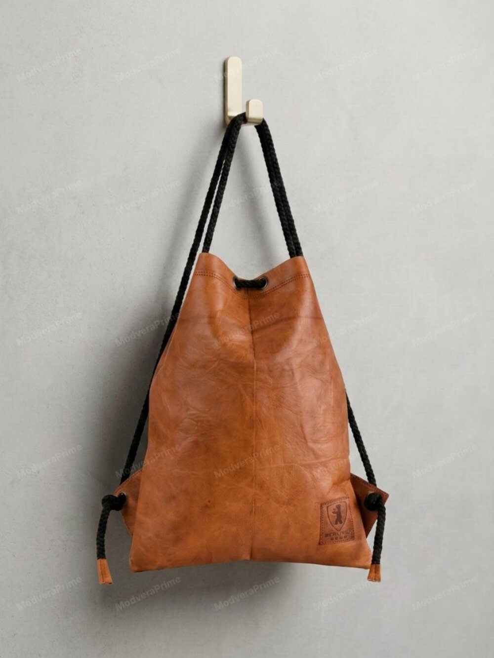 Berliner Men's Tan Genuine Goat Leather Drawstring Gym Backpack MADE IN GERMANY